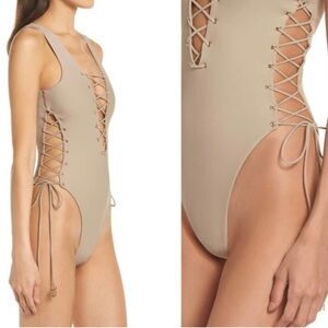 Luli Fama Beige Lace-Up One Piece Swimsuit